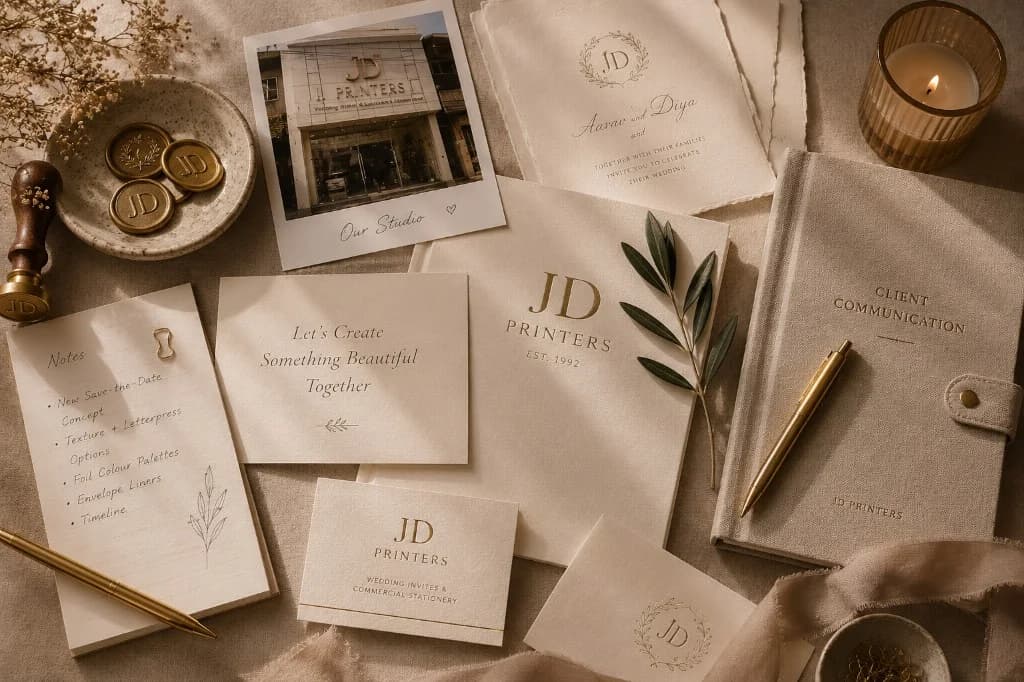 JD Printers stationery flat lay with wedding invites, client journal, wax seals, and studio branding