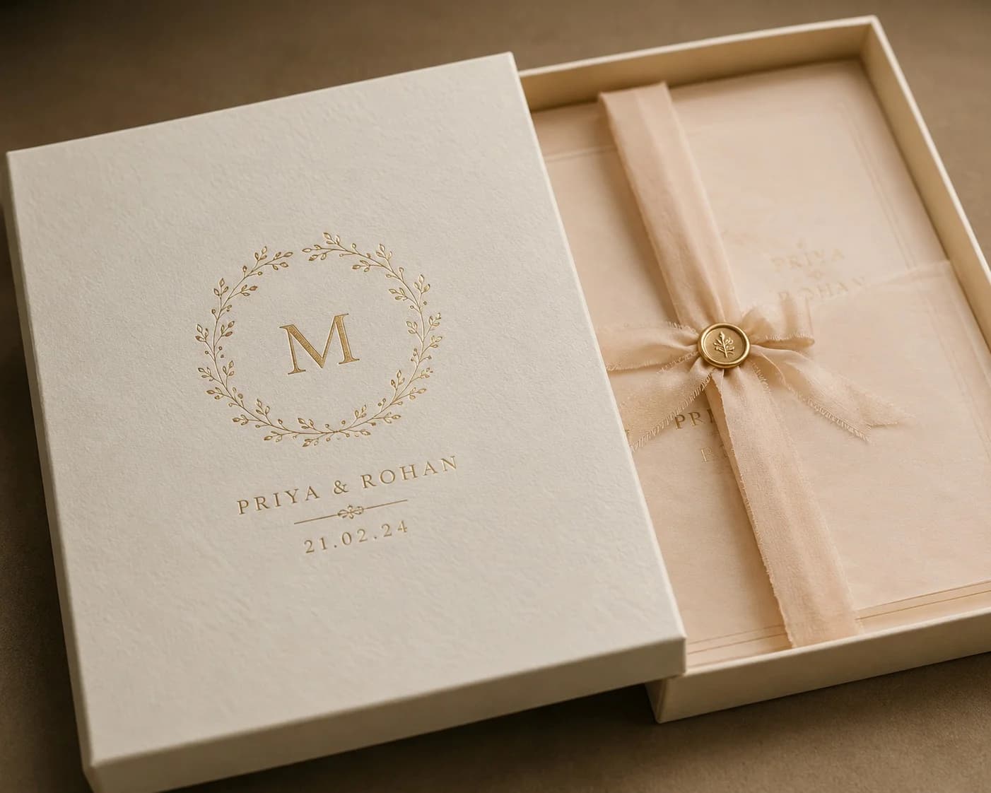 Finished invitation suite with ribbon and florals