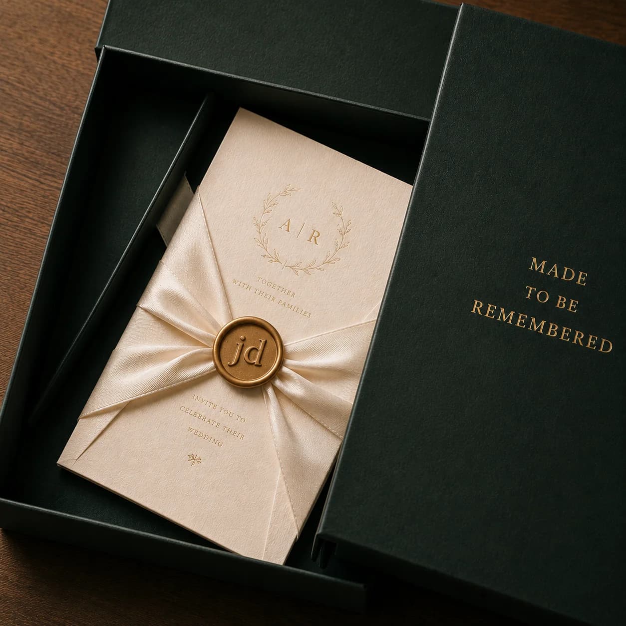 Elegant invitation suite with ribbon and wax seal arranged on linen