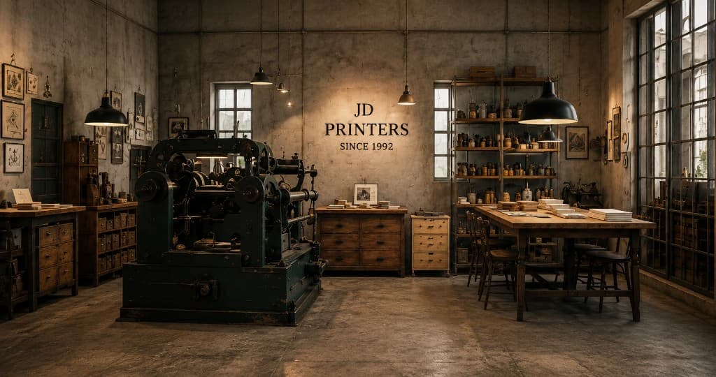 JD Printers atelier with letterpress and workbench — since 1992