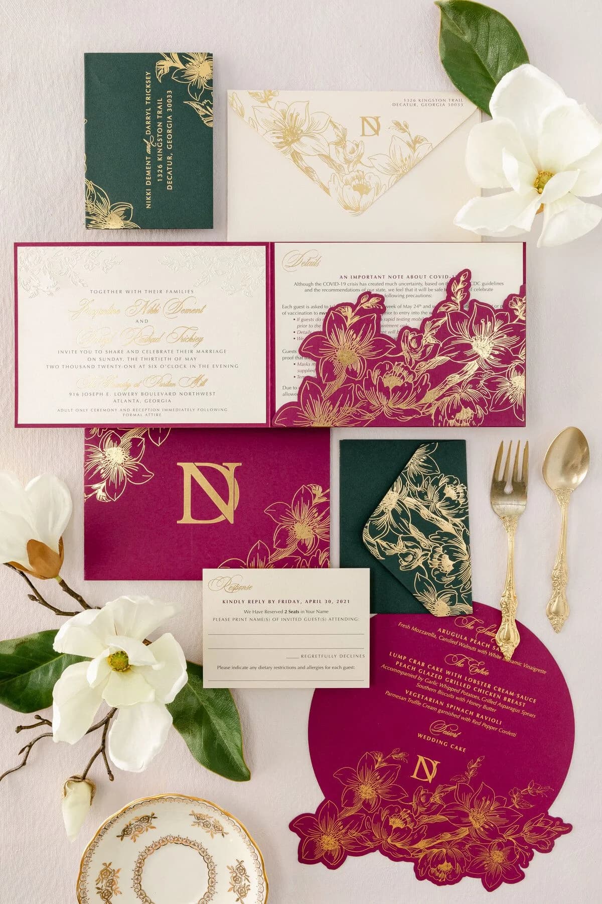 Close-up of gold foil invitation card detailing