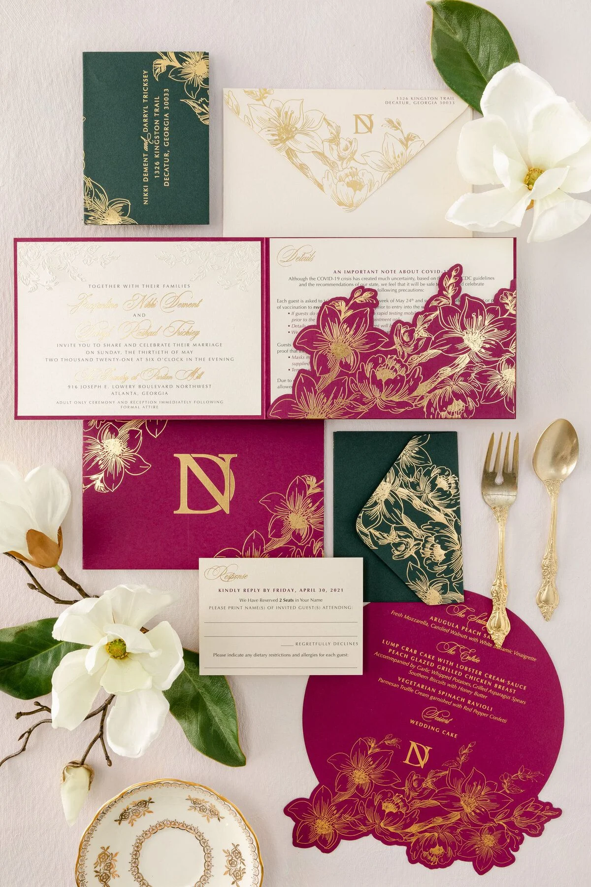 Complete wedding stationery suite — boxes, invitation cards, and layered details
